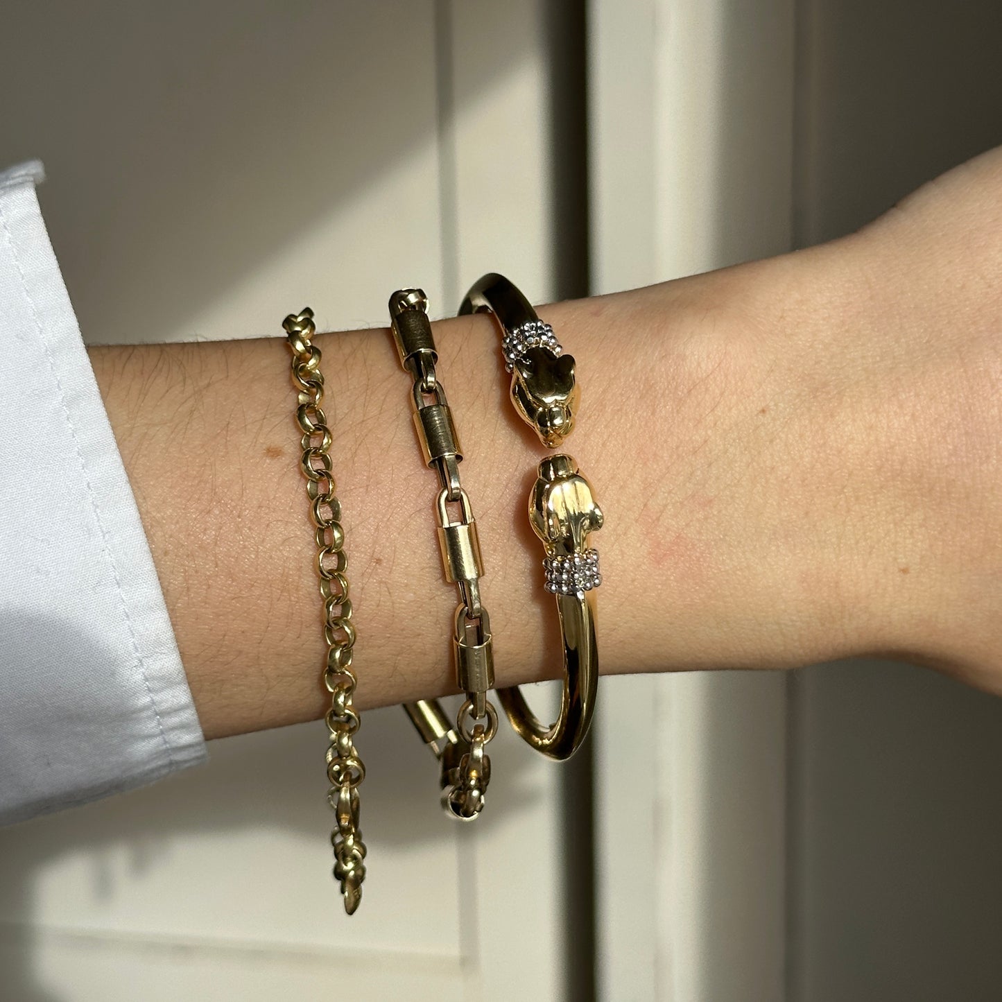 Estate 18KT Yellow White Gold + Diamond Double Panther Head Cuff Bracelet