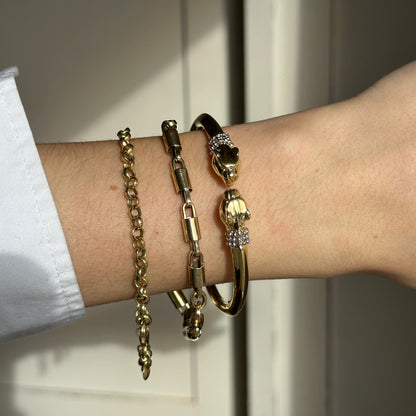 Estate 18KT Yellow White Gold + Diamond Double Panther Head Cuff Bracelet