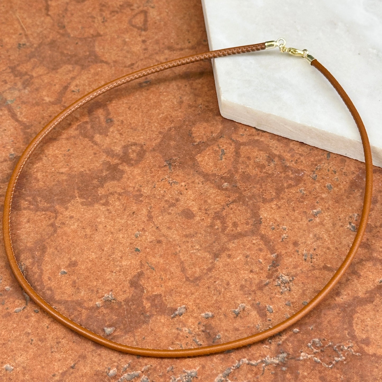 14KT Yellow Gold 2.5mm Cognac Brown Stitched Leather Necklace