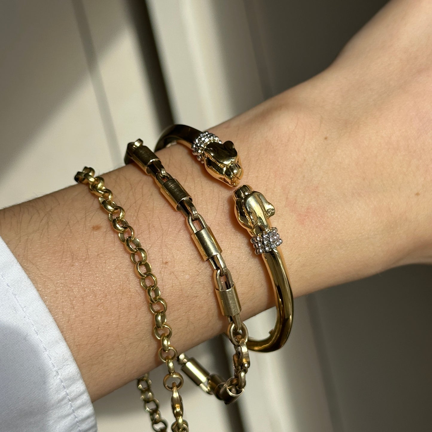 Estate 18KT Yellow White Gold + Diamond Double Panther Head Cuff Bracelet