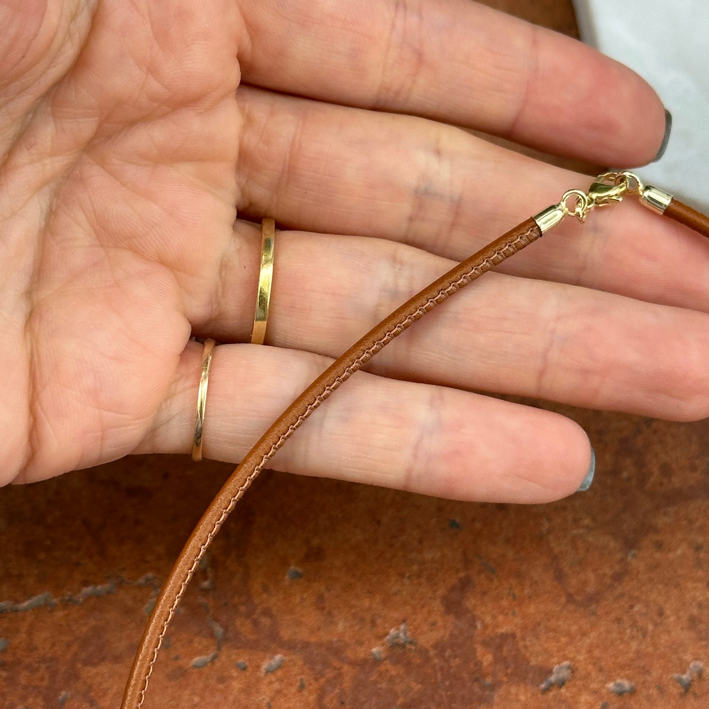 14KT Yellow Gold 2.5mm Cognac Brown Stitched Leather Necklace