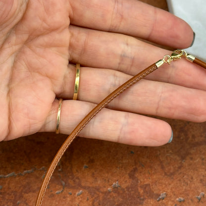 14KT Yellow Gold 2.5mm Cognac Brown Stitched Leather Necklace