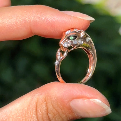 Estate 14KT Pave Diamond + Tsavorite Eye Panther Band Ring