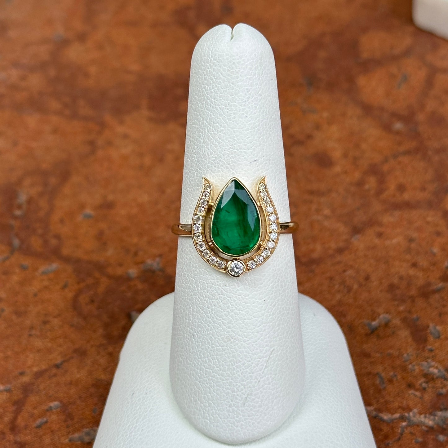 Estate 18KT Yellow Gold Pear 1.95 CT Emerald + Diamond Horseshoe Ring