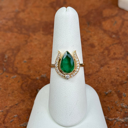 Estate 18KT Yellow Gold Pear 1.95 CT Emerald + Diamond Horseshoe Ring