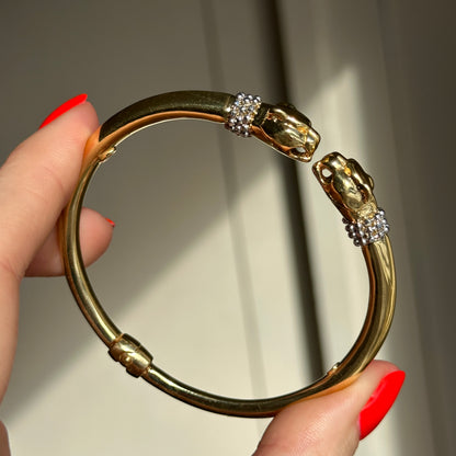 Estate 18KT Yellow White Gold + Diamond Double Panther Head Cuff Bracelet