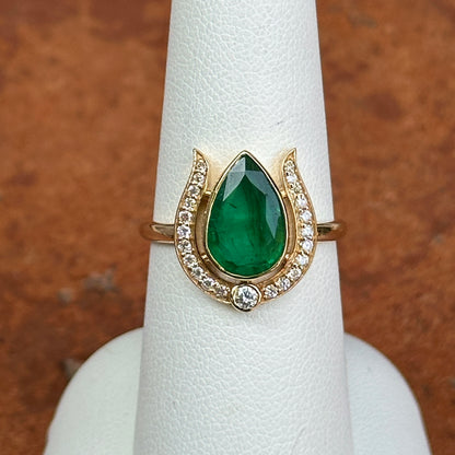 Estate 18KT Yellow Gold Pear 1.95 CT Emerald + Diamond Horseshoe Ring