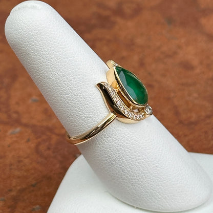 Estate 18KT Yellow Gold Pear 1.95 CT Emerald + Diamond Horseshoe Ring