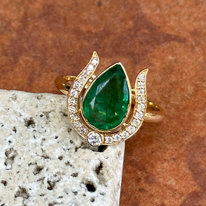 Estate 18KT Yellow Gold Pear 1.95 CT Emerald + Diamond Horseshoe Ring