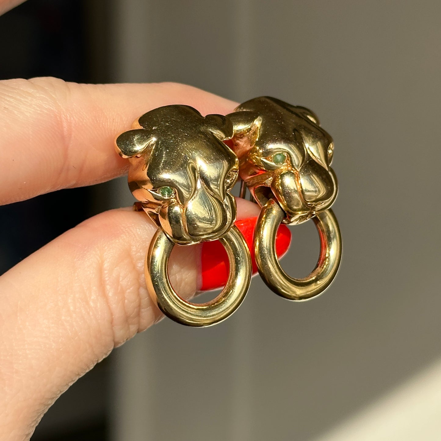 Estate 14KT Yellow Gold + Emerald Eyes Panther Cat Doorknocker Earrings - LSJ