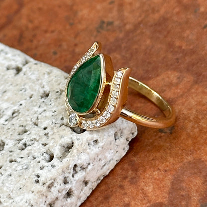 Estate 18KT Yellow Gold Pear 1.95 CT Emerald + Diamond Horseshoe Ring