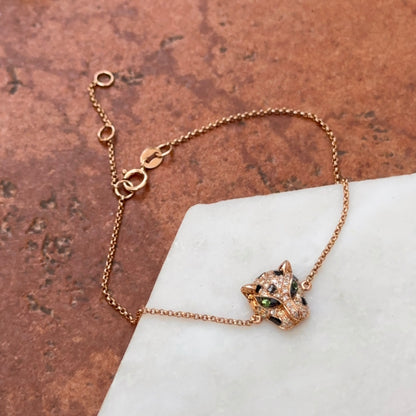 Estate 14KT Rose Gold Pave Diamond + Tsavorite Panther Head Chain Bracelet