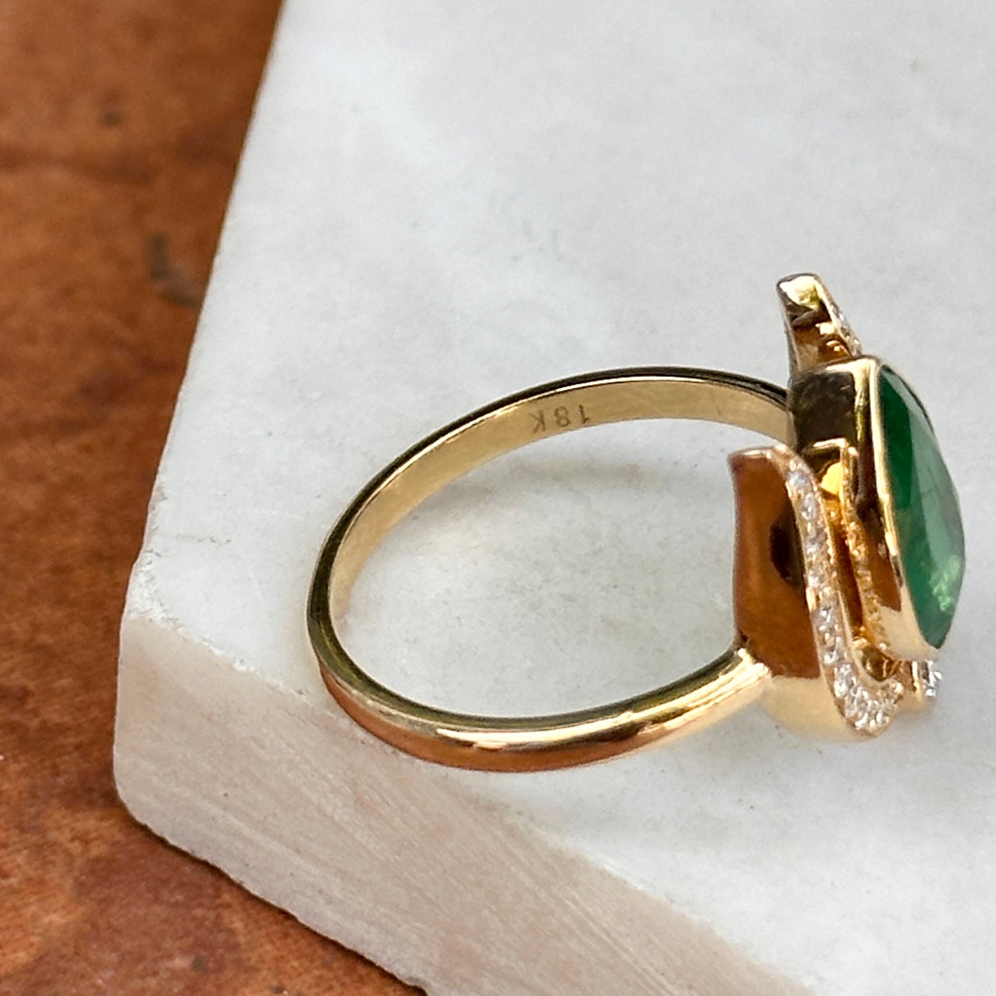 Estate 18KT Yellow Gold Pear 1.95 CT Emerald + Diamond Horseshoe Ring
