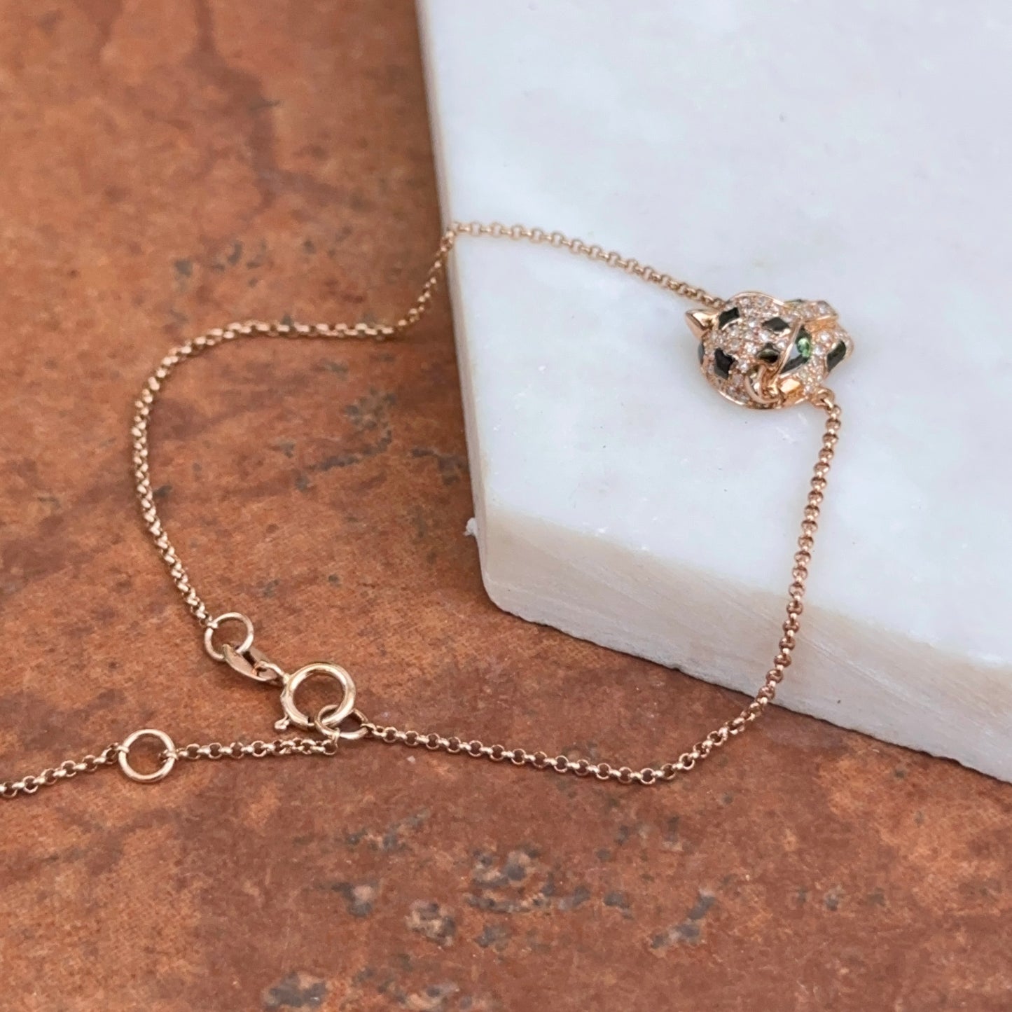 Estate 14KT Rose Gold Pave Diamond + Tsavorite Panther Head Chain Bracelet