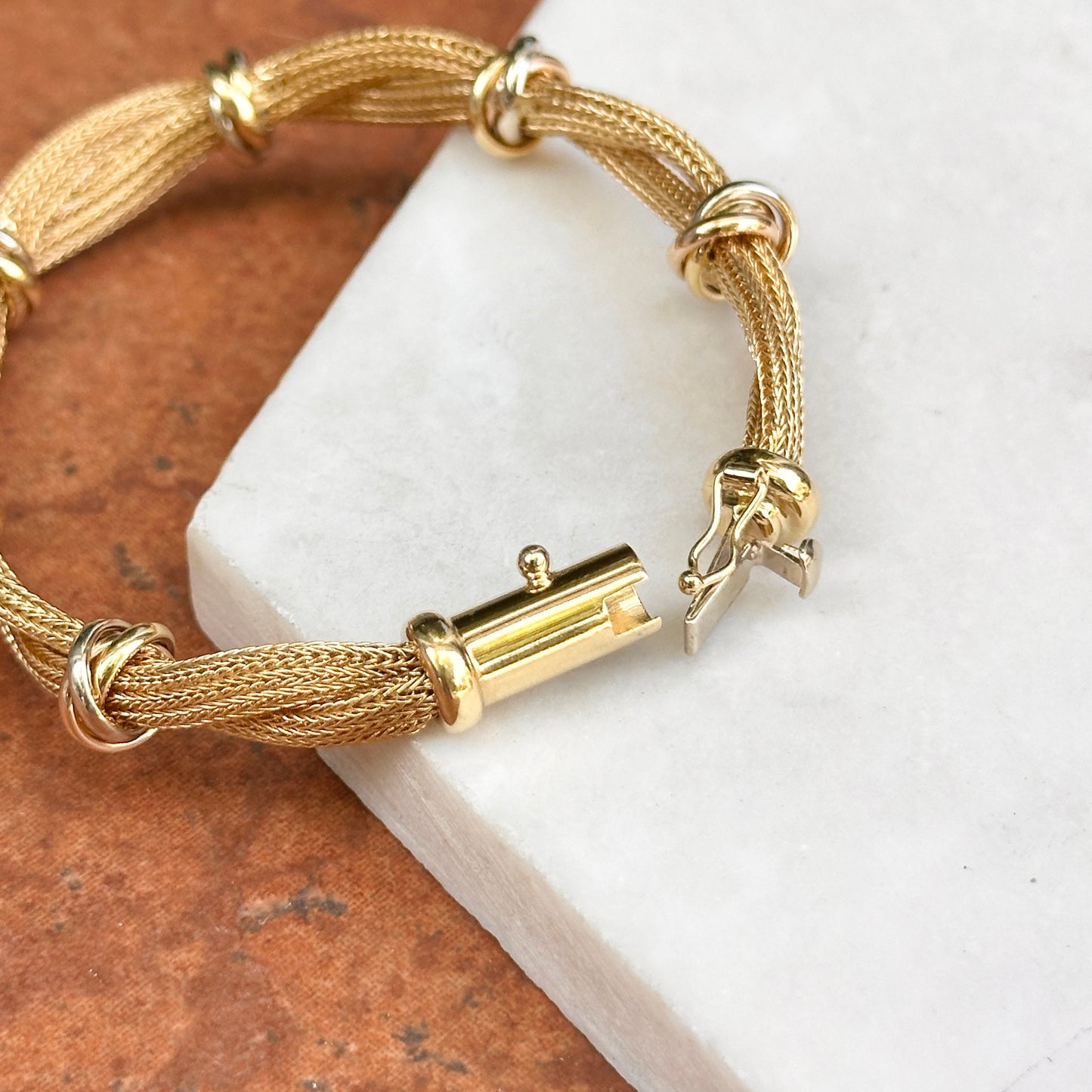 Estate 18KT Yellow Gold Mesh Twist Bracelet + Tri-Gold Rings