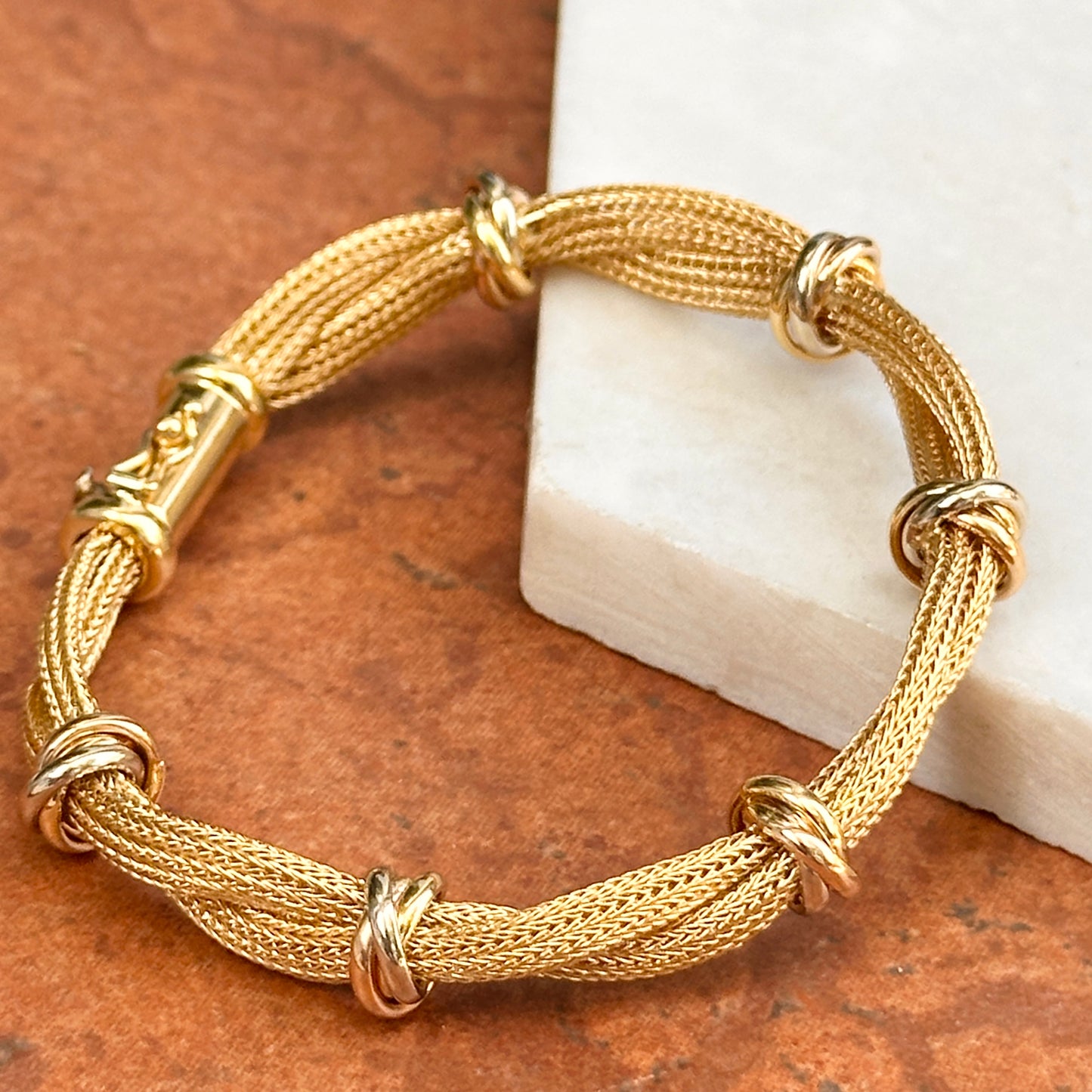 Estate 18KT Yellow Gold Mesh Twist Bracelet + Tri-Gold Rings