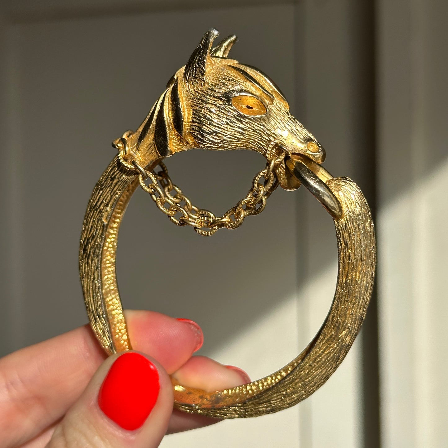 Estate Yellow Gold Tone Horse Head + Reins Bangle Bracelet - LSJ