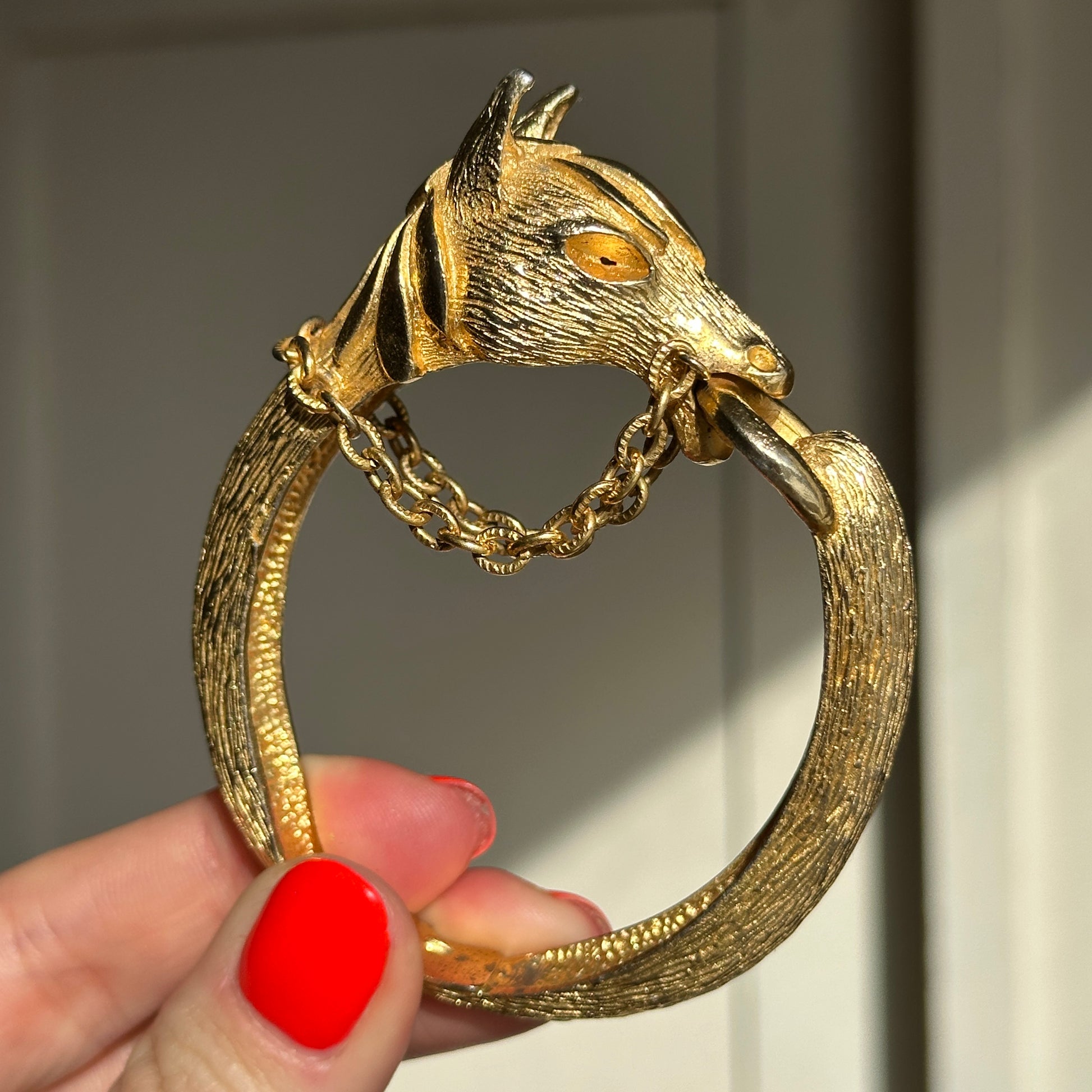 Estate Yellow Gold Tone Horse Head + Reins Bangle Bracelet - LSJ