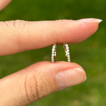 14KT Yellow Gold Diamond Round Huggie Hoop Earrings Small
