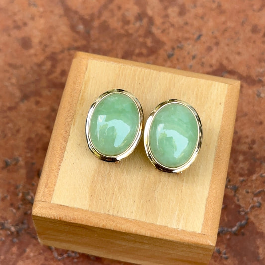 Estate 14KT Yellow Gold Oval Celadon Jadeite Omega Back Earrings