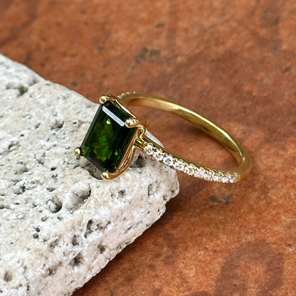 Estate 14KT Yellow Gold Emerad-Cut Tsavorite + Diamond Ring