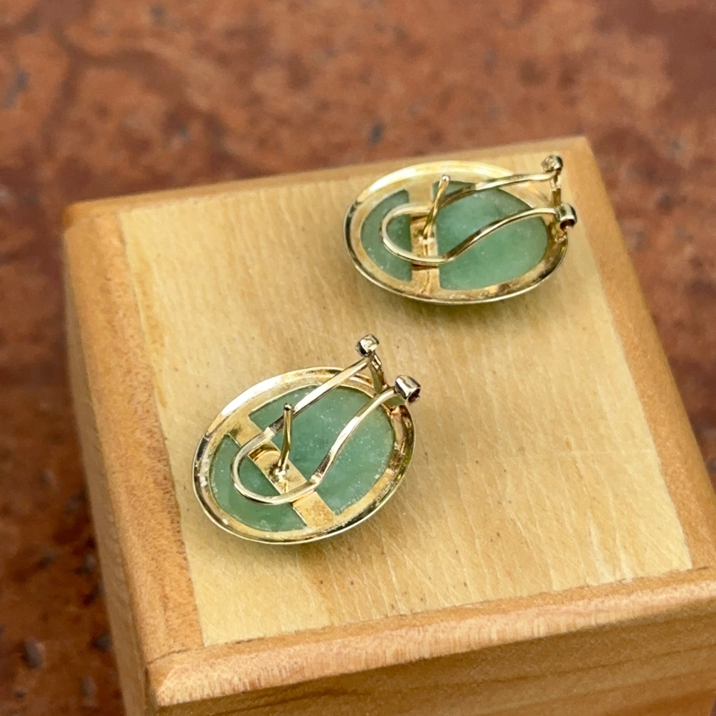 Estate 14KT Yellow Gold Oval Celadon Jadeite Omega Back Earrings