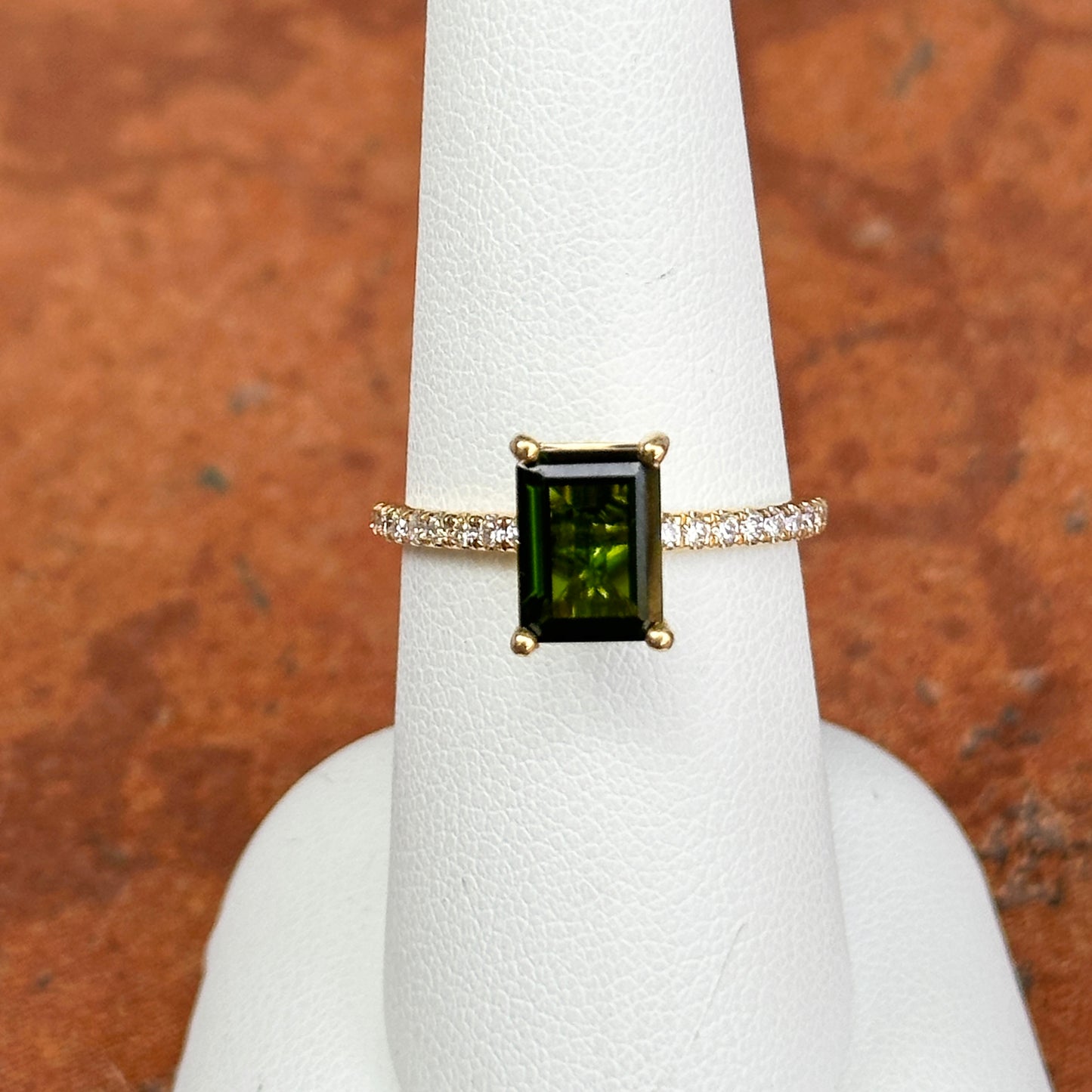 Estate 14KT Yellow Gold Emerad-Cut Tsavorite + Diamond Ring