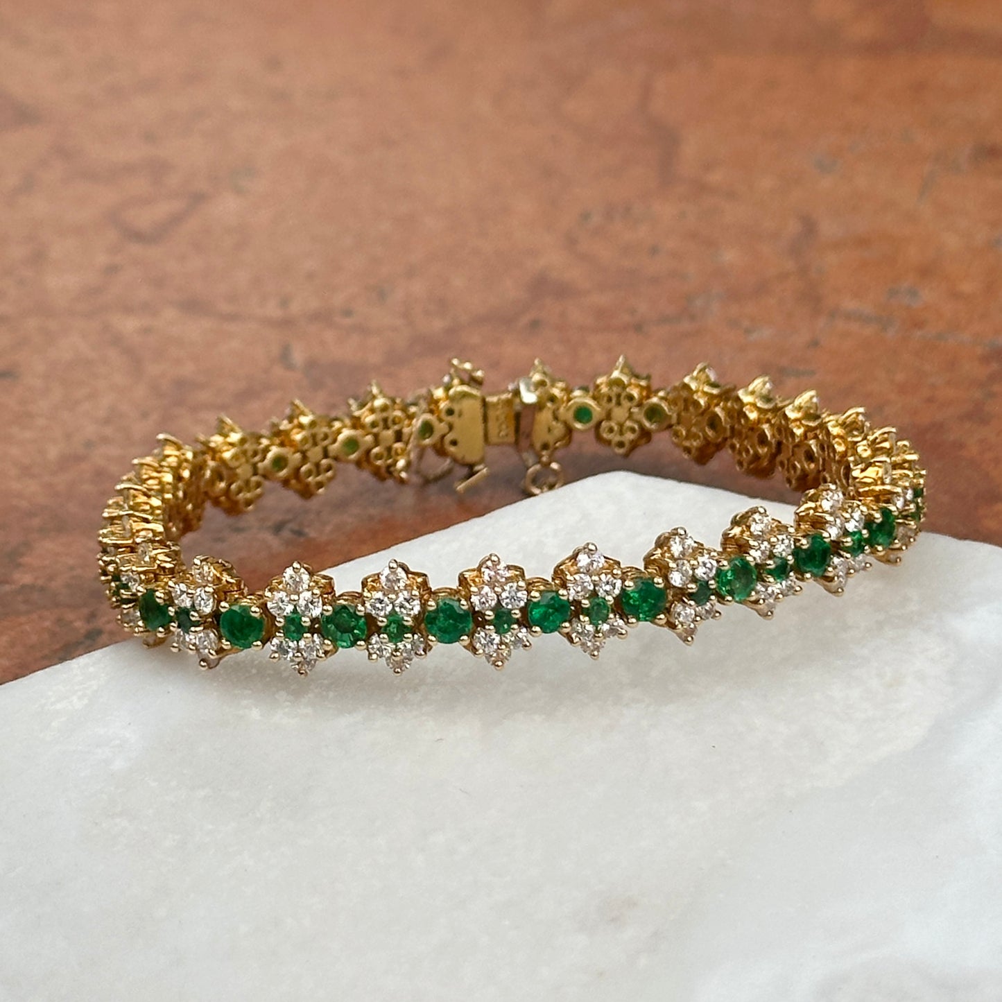 Estate 18KT Yellow Gold Emerald + Diamond Tennis Bracelet