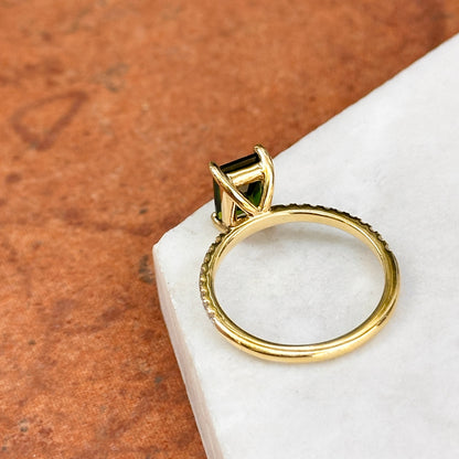 Estate 14KT Yellow Gold Emerad-Cut Tsavorite + Diamond Ring