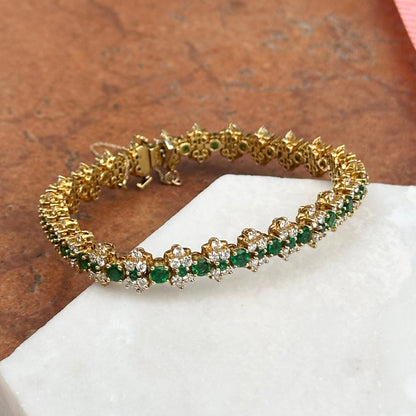 Estate 18KT Yellow Gold Emerald + Diamond Tennis Bracelet