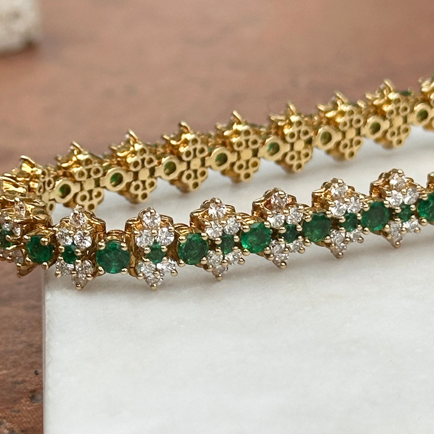 Estate 18KT Yellow Gold Emerald + Diamond Tennis Bracelet