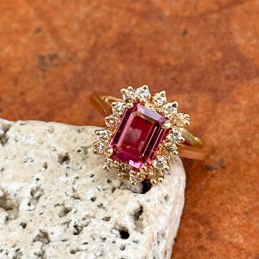 Estate 18KT Yellow Gold Emerald-Cut Pink Tourmaline + Diamond Halo Ring