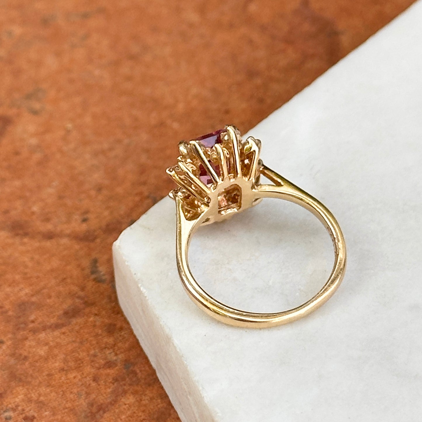 Estate 18KT Yellow Gold Emerald-Cut Pink Tourmaline + Diamond Halo Ring