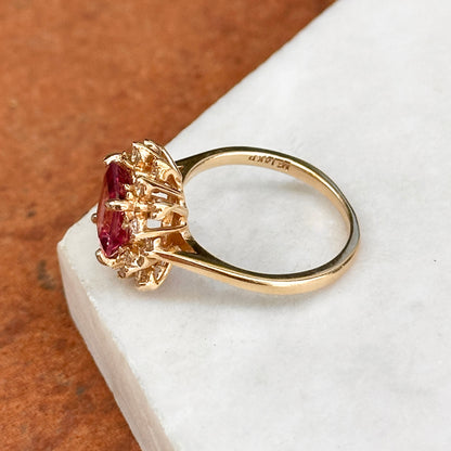 Estate 18KT Yellow Gold Emerald-Cut Pink Tourmaline + Diamond Halo Ring