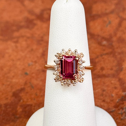 Estate 18KT Yellow Gold Emerald-Cut Pink Tourmaline + Diamond Halo Ring