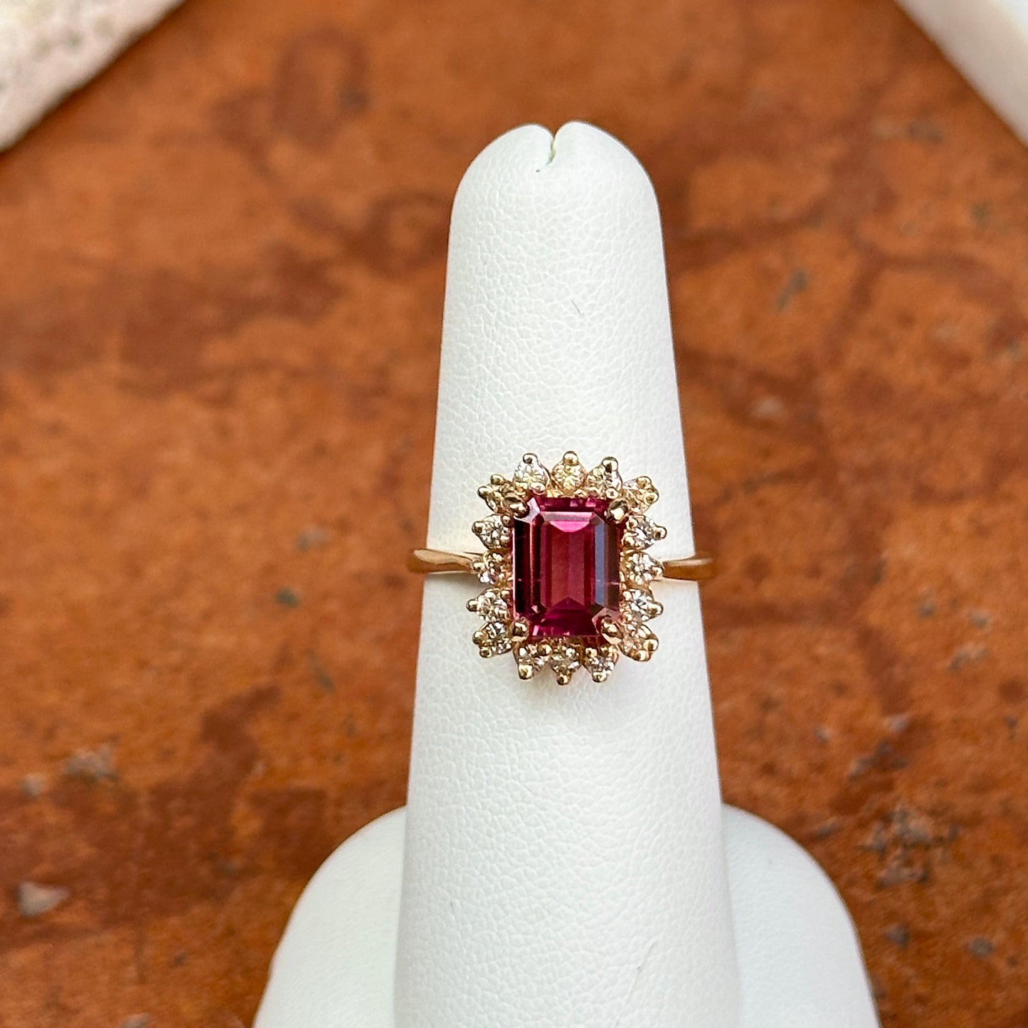 Estate 18KT Yellow Gold Emerald-Cut Pink Tourmaline + Diamond Halo Ring