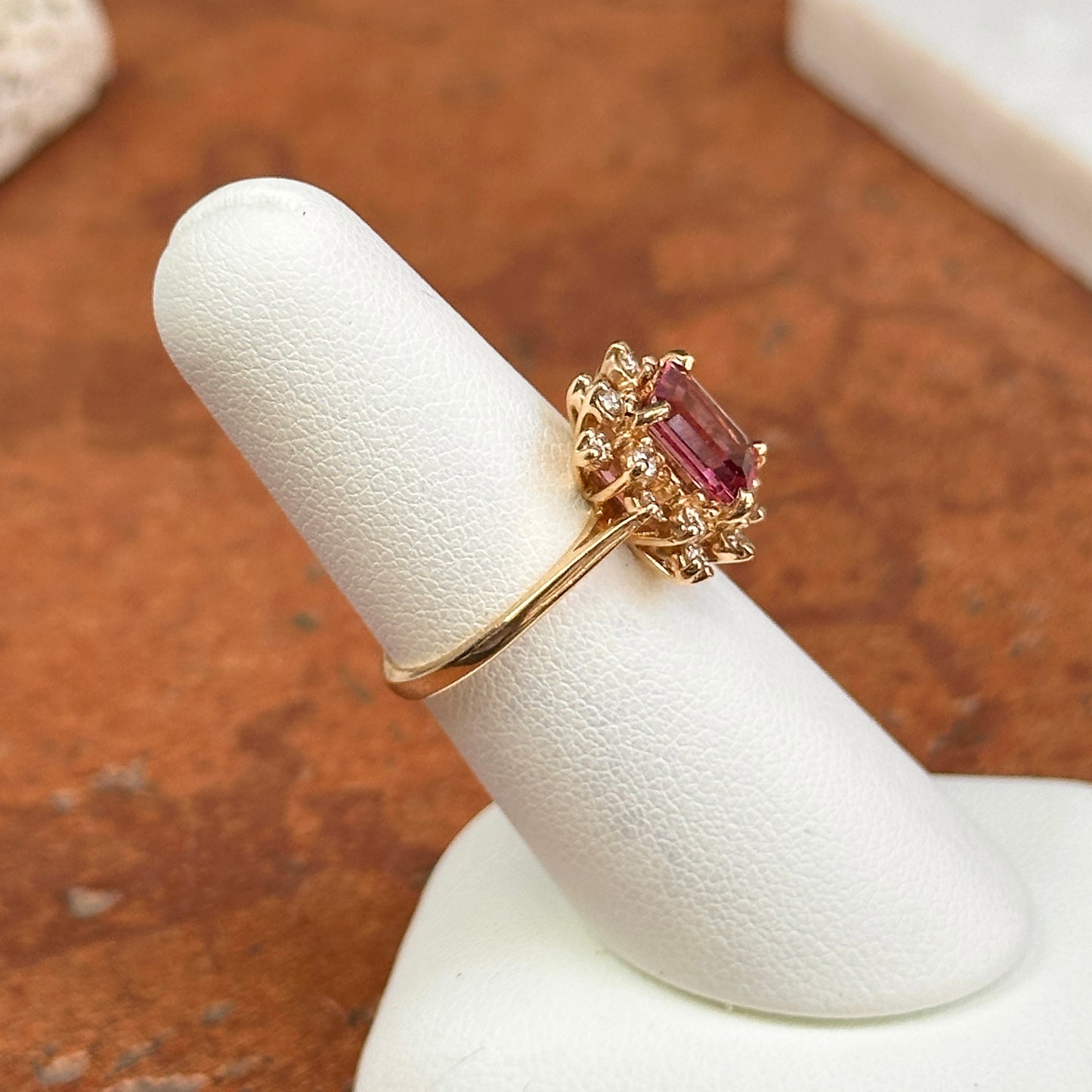 Estate 18KT Yellow Gold Emerald-Cut Pink Tourmaline + Diamond Halo Ring