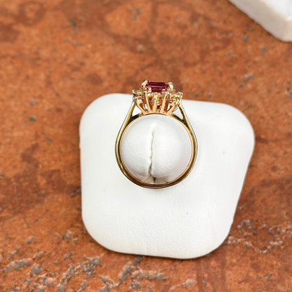 Estate 18KT Yellow Gold Emerald-Cut Pink Tourmaline + Diamond Halo Ring