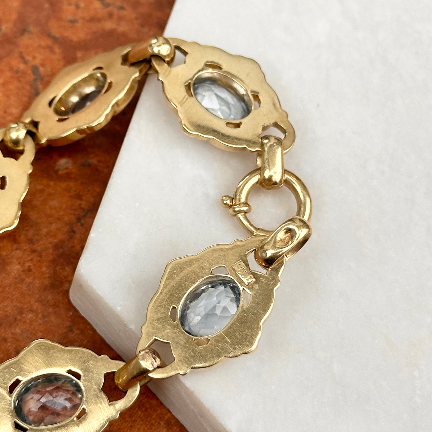 Estate 14KT Yellow Gold Oval Blue Gemstone Filigree Bracelet