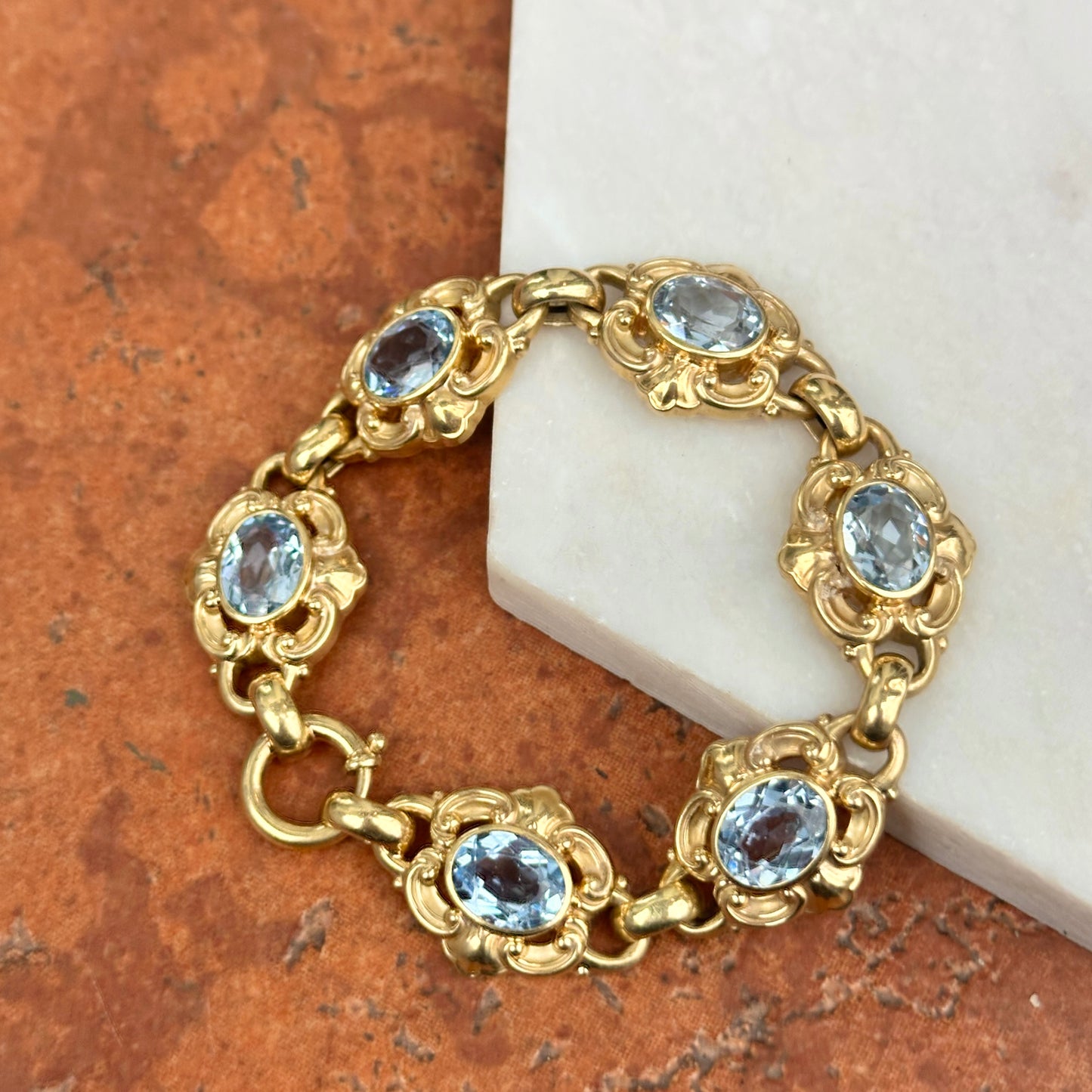 Estate 14KT Yellow Gold Oval Blue Gemstone Filigree Bracelet