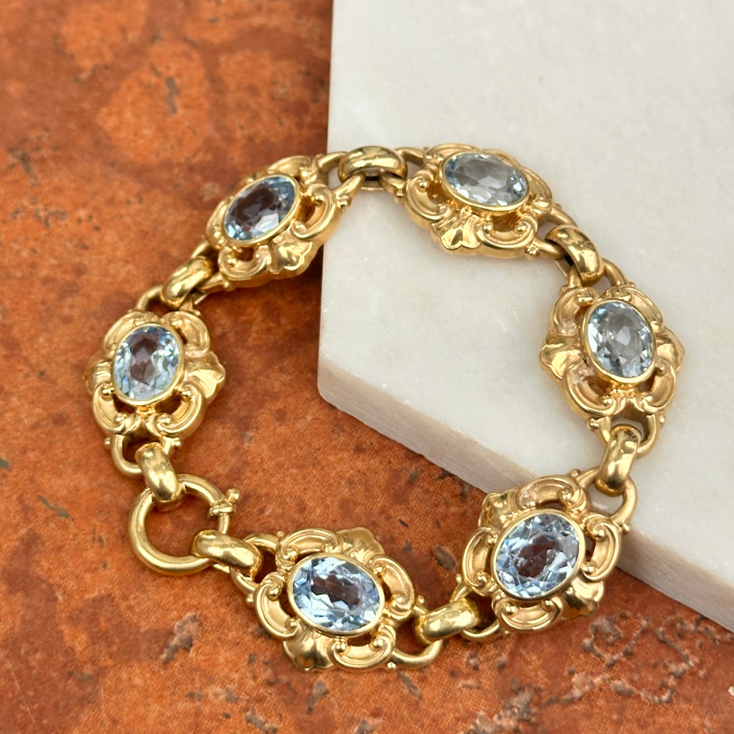 Estate 14KT Yellow Gold Oval Blue Gemstone Filigree Bracelet