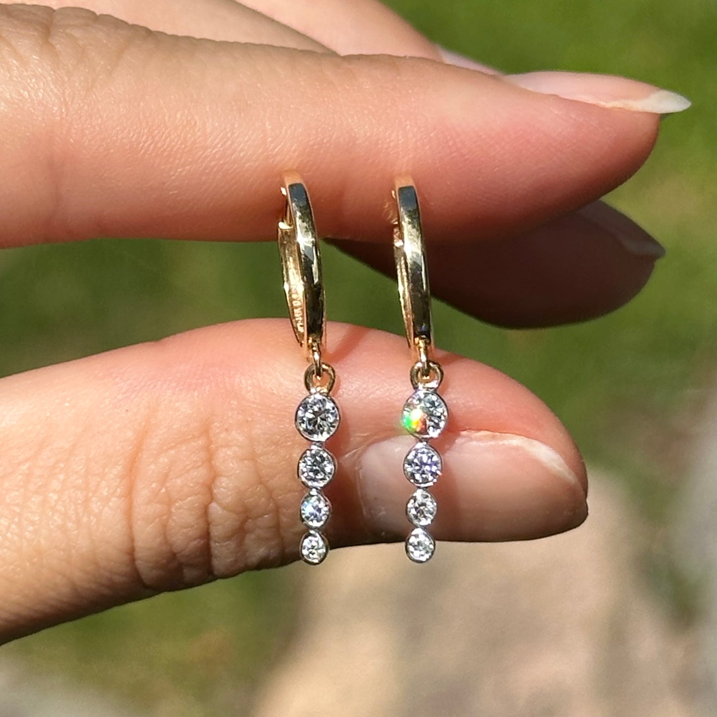 14KT Yellow Gold Round Diamond Huggie Drop Bezel Set Earrings