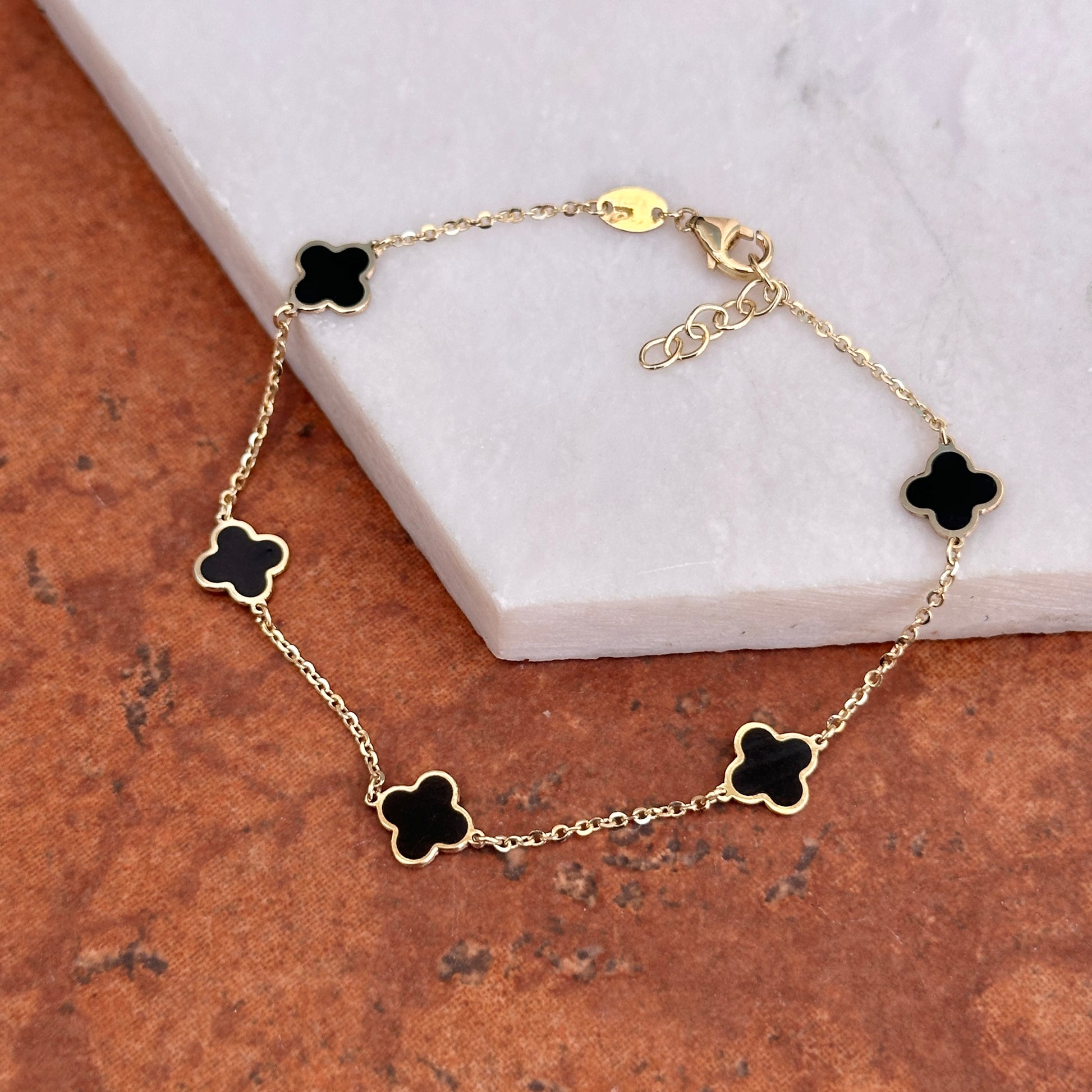 14KT Yellow Gold Black Onyx 7mm Clover Station Bracelet – LSJ