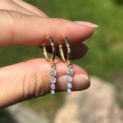 14KT Yellow Gold Round Diamond Huggie Drop Bezel Set Earrings