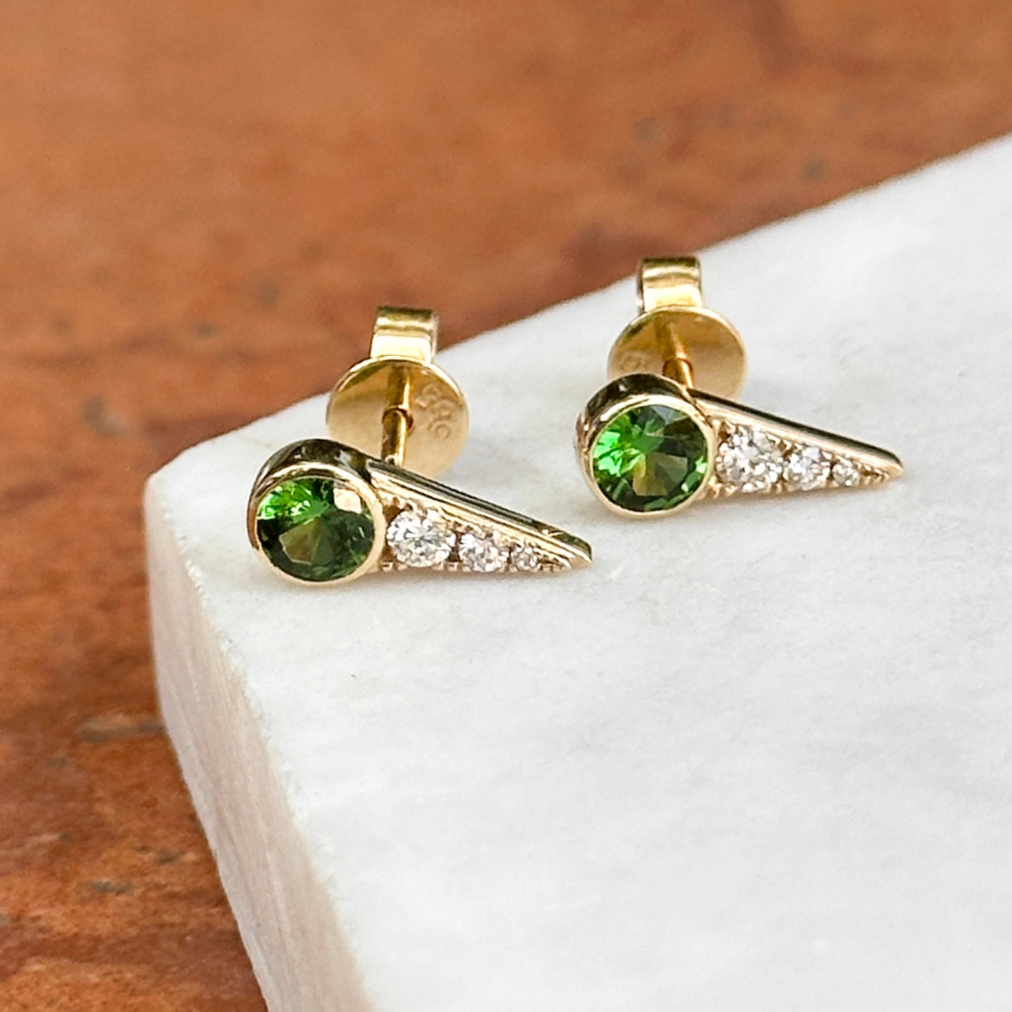 Estate 14KT Yellow Gold Tsavorite + Diamond Spike Earrings