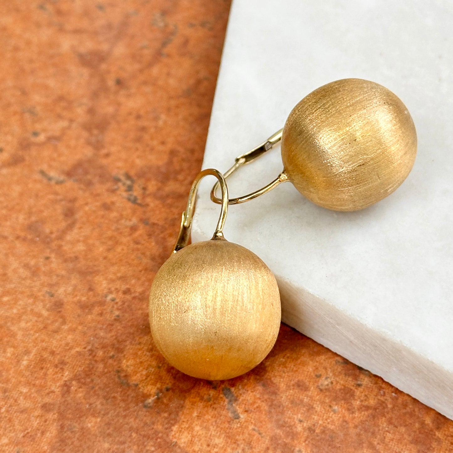 Estate 14KT Yellow Gold Matte 18mm Ball Lever Back Earrings
