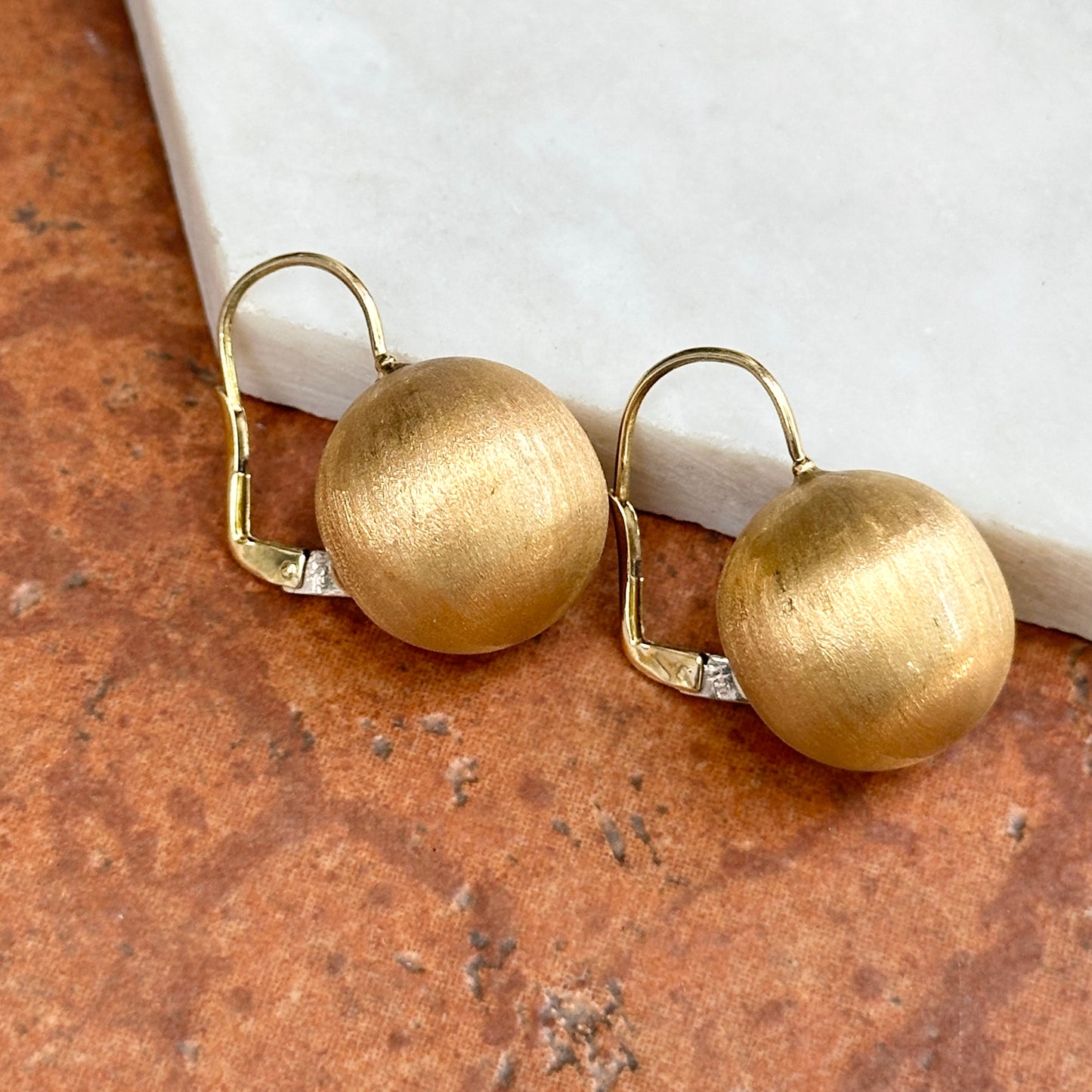 Estate 14KT Yellow Gold Matte 18mm Ball Lever Back Earrings