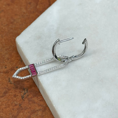 Sterling Silver Lab-Created Ruby + White Sapphire Huggie Drop Earrings