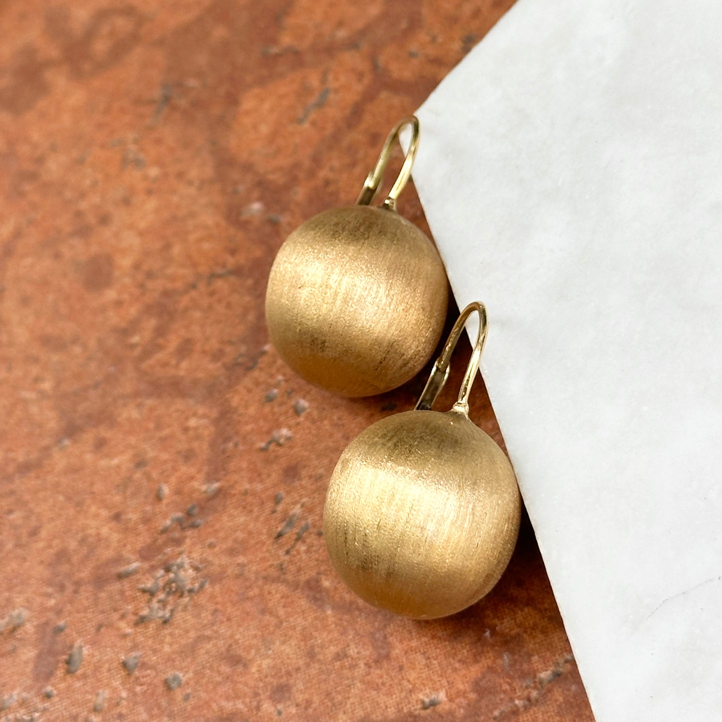 Estate 14KT Yellow Gold Matte 18mm Ball Lever Back Earrings