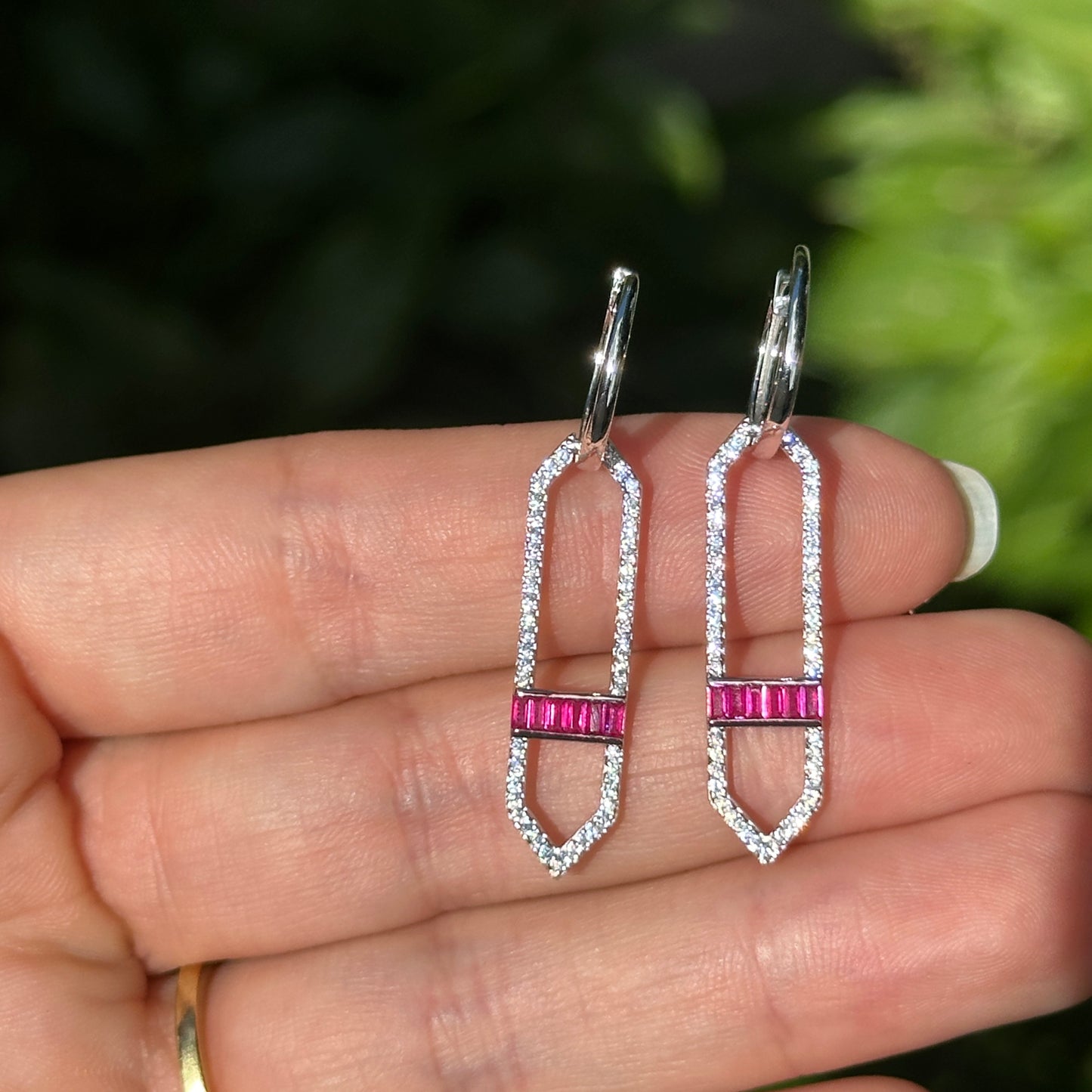 Sterling Silver Lab-Created Ruby + White Sapphire Huggie Drop Earrings